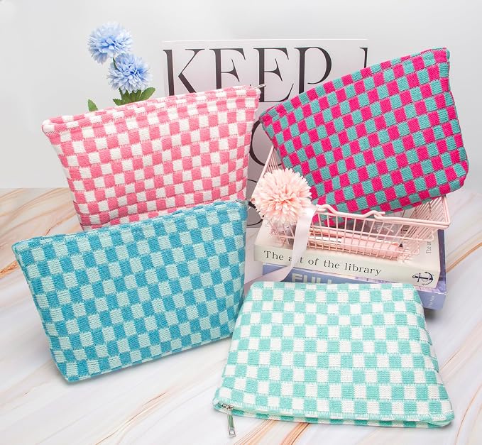 Checkered Makeup Bag for Purse, Small Flat Cosmetic Pouch,Lake Blue | Cute Zipper Makeup Organizer for Women, Travel Essentials, Toiletries, Makeup Brushes, Beauty Accessories&Bridesmaid Gifts