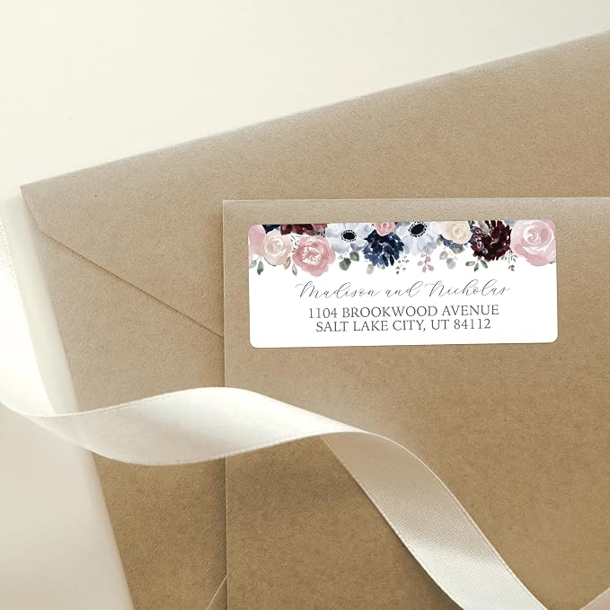 Return Address Labels Personalized with Your Choice of 30 Flower Styles - Choose Font and Font Color or Add Custom Text - Perfect for Wedding Envelopes (020 Navy, Blue, and Pink Flowers)