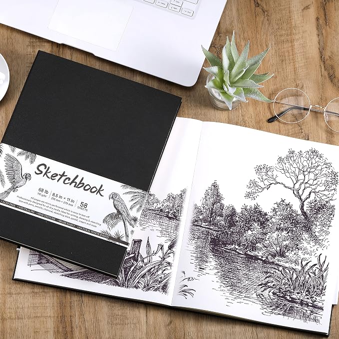 Sketchbook - Hardcover Sketch Pad, 8.5" x 11", Durable Sketch Book for Professional Adults, Artists and Amateurs, 68 lb/110 GSM, 58 Sheets, Use with Pens, Pencils, Sketching Stick