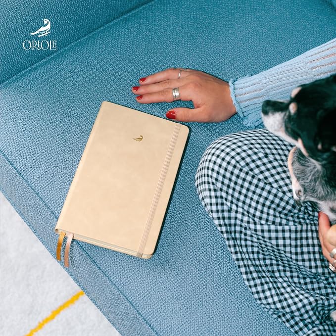 Oriole Vegan Leather Ruled Notebook - Walnut Cream | 176 Pages of Thick Lined Paper | Soft Touch Hardcover Journal (5 x 8 in) with Gold Foil Bird Design & Luxury Gift Box