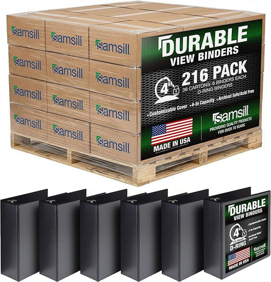 Samsill Durable 4 inch 3 Ring Binder, D Ring Binder, 100% Recycled Chipboard, Black, Pallet of 216 Binders in 36 Cartons