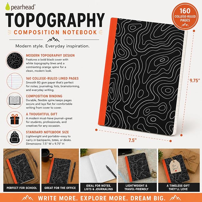 Pearhead Topographic Map Composition Notebook — College-Ruled, 160 Pages, 7.5" x 9.75", Smooth 80 GSM Paper, Black & White Contour Line Cover with Bold Red Spine Journal for School, Office & Everyday Writing