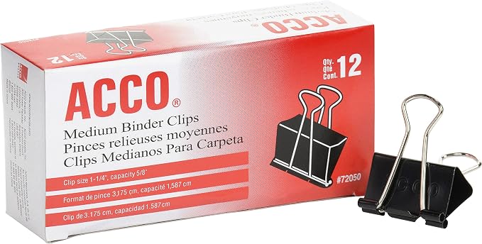 ACCO Binder Clips, Medium, Black, 12 per Box, 2 Boxes (72062)