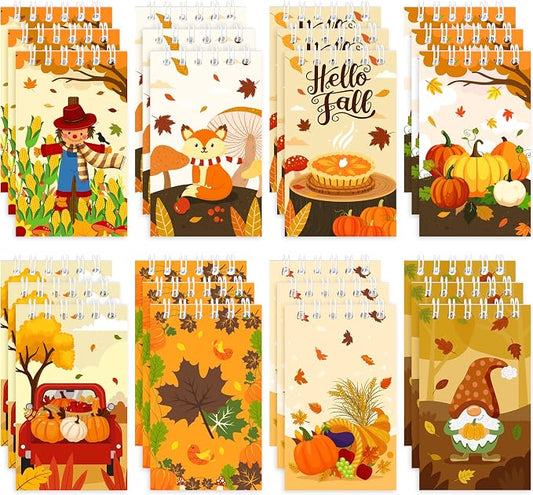 24Packs Fall Mini Notepads Thanksgiving Pumpkin Maple Leaves Spiral Notebooks Pocket Journal Memo Pads for Hello Autumn Seasonal Holiday Party Favors Gift Goodie Bag Stuffers School Classroom Rewards