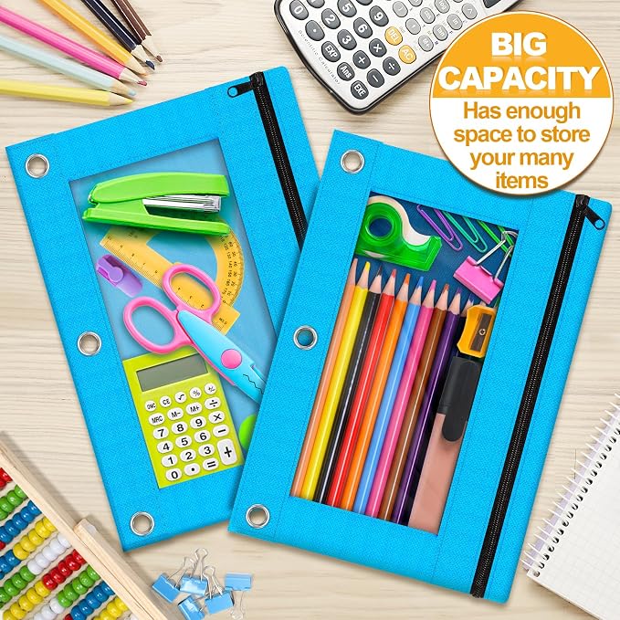 Pencil Pouch for 3 Ring Binder, 2 Pack Pencil Bags with Zipper, Sky Blue Pencil Case for Classroom School Office Supplies, Large Sturdy and Durable Cloth Pencil Pocket for 3 Holder Binder