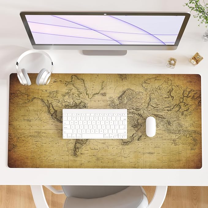 QiyI Large Desk Pad, Vintage Mouse Pad Desktop Decor, Waterproof PU Leather Desk Cover Protector, Desk Accessories for Office Home Work Writing Gaming 31.5" x 15.7" - World Map 1814