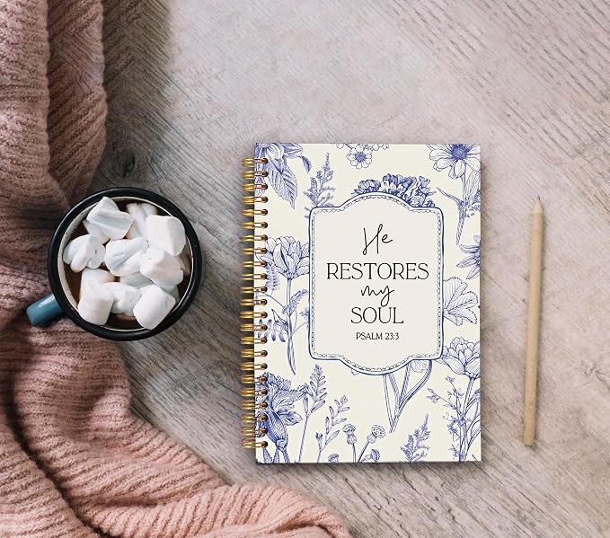 Christian Notebook for Women, Christian Gifts Journal, Prayer Journal for Women, Bible Journaling Notebook, PSALM 23:3 He Restores My Soul Floral Spiral Notebook 5.5x8.3
