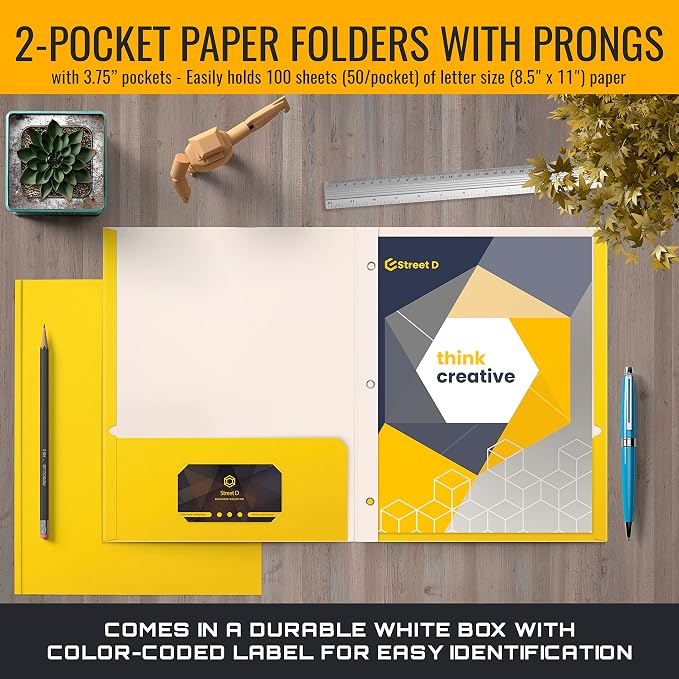 Better Office Products Yellow Paper 2 Pocket Folders with Prongs, 50 Pack, Matte Texture, Letter Size Paper Folders, 50 Pack, with 3 Metal Prong Fastener Clips, Yellow