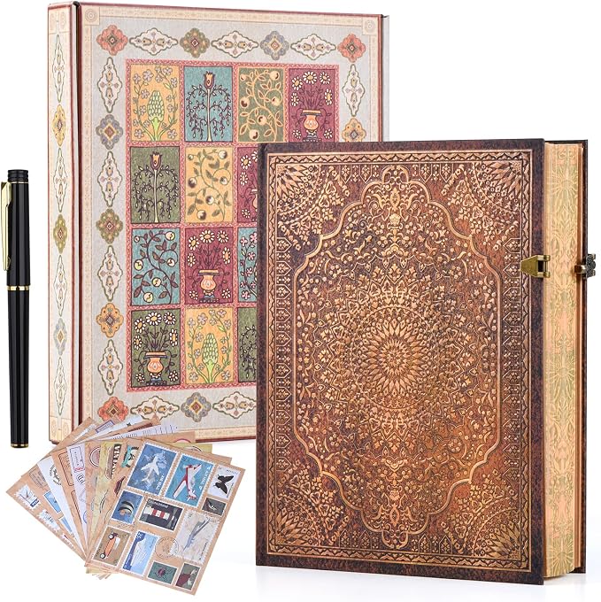Retro 3D Red & Gold Foil Hardcover Journal - 192 Lined Pages, Inner Envelope Pocket - Writing Notebook & Travel Diary for Special Memories