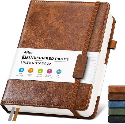 Lined Hardcover Leather Journal Notebook: A5 Journal for Women Men, Brown | 312 Numbered Pages & Content, 100GSM Thick Paper, College Ruled Journals Note Book for Business Work Writing Diary