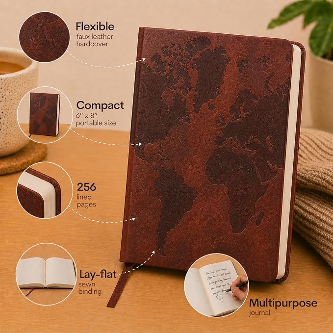 WORLD TRAVELER Eccolo A5 Hardbound Journal Notebook 256 Ivory Lined Pages | Sturdy Flexible Hardcover, 80GSM Acid-Free Ivory Pages, Smyth-Sewn Lay-Flat Binding, Ribbon Bookmark