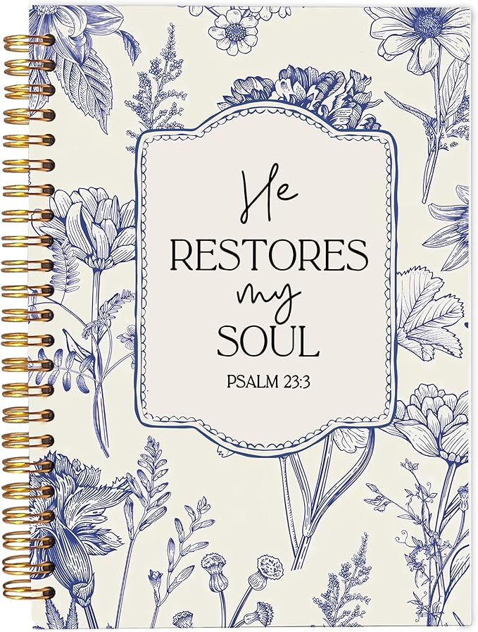 Christian Notebook for Women, Christian Gifts Journal, Prayer Journal for Women, Bible Journaling Notebook, PSALM 23:3 He Restores My Soul Floral Spiral Notebook 5.5x8.3