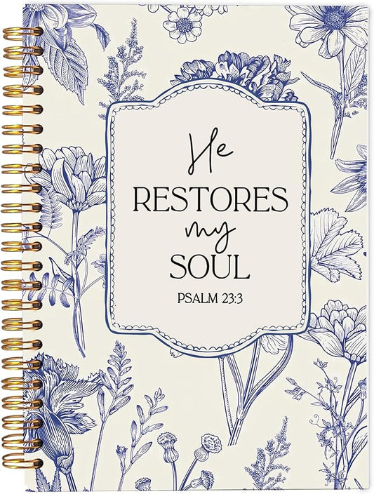 Christian Notebook for Women, Christian Gifts Journal, Prayer Journal for Women, Bible Journaling Notebook, PSALM 23:3 He Restores My Soul Floral Spiral Notebook 5.5x8.3