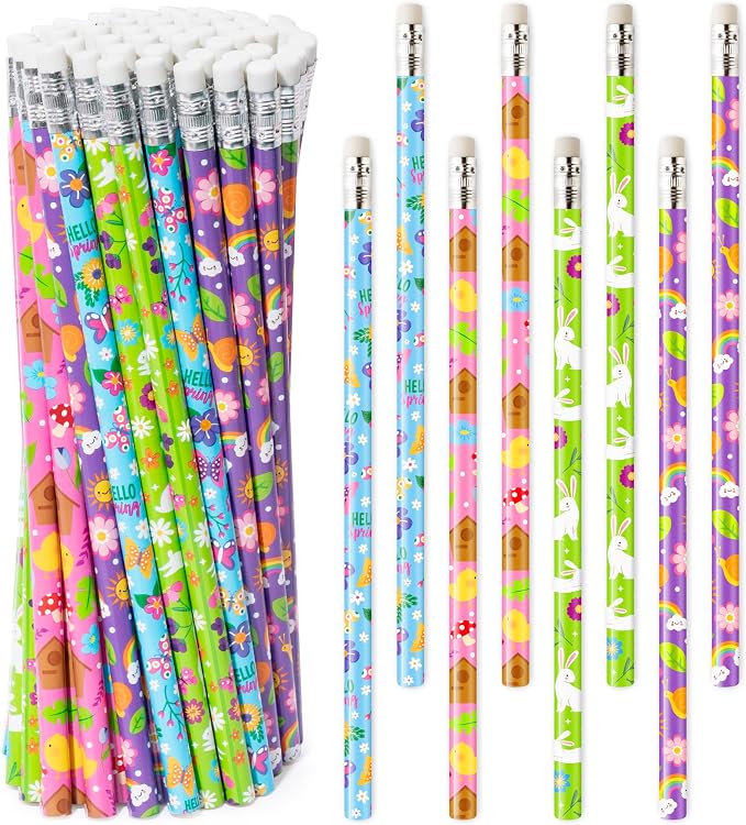 Xqumoi 60Pcs Spring Pencils with Eraser - Hello Spring Flower Rabbit Butterfly #2 HB Pencils, School Classroom Student Rewards Office Supply Holiday Gift Goodie Bag Fillers Stuffers Party Favors