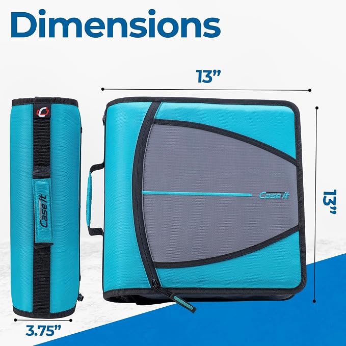 Case-it Mighty Zip Tab School Zipper Binder | 3-Inch O-Rings, 600-Sheet Capacity, 5-Subject Expanding File Folder, Multiple Pockets & Storage Organizer, Shoulder Strap | D-146 Aqua Marine