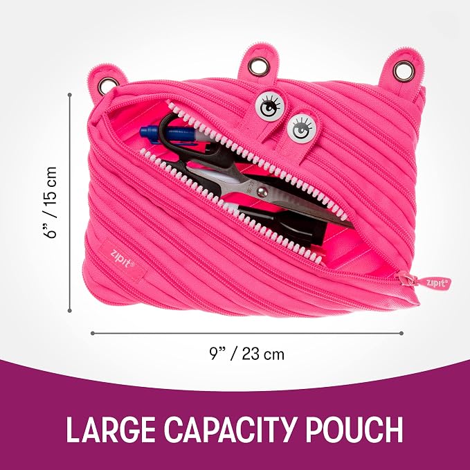 ZIPIT Monster Pencil Case for Girls, Cute 3-Ring Binder Pencil Pouch for Kids and Teens, Stationery Bag for School, Pink