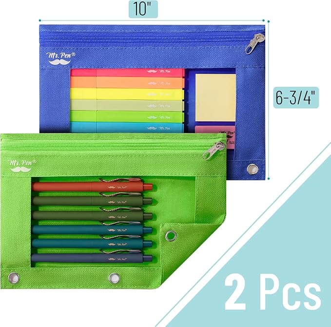 Mr. Pen- Pencil Pouch for 3 Ring Binder, 2 Pack, 10"x6.75", Smooth Zipper | Clear Window, Large Capacity Pencil Case with 3 Reinforced Grommets for School, Office, Supplies Storage | Clear Window, Large Capacity Pencil Case with 3 Reinforced Grommets f...