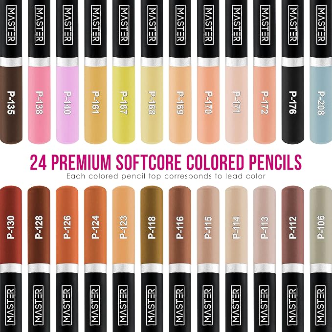 Mastermarkers Master 24 Colored Pencil Skin and Hair Tone Set with Premium Soft Thick 4 mm Cores - Unisex