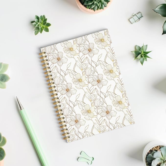 ROXMART Beige and Gold Floral Spiral Notebook, Neutral Elegant Flower Plant Journal, Retro Minimalist Line Art Botanical Hardcover Notebook Journal, 5.5x8.3 Inch