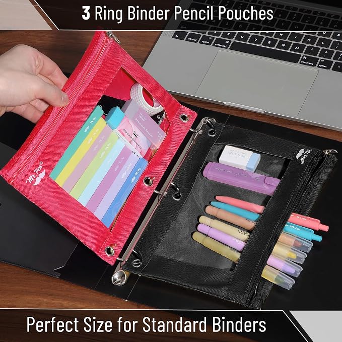 Mr. Pen- Pencil Pouch for 3 Ring Binder, 2 Pack, 10"x6.75", Smooth Zipper | Clear Window, Large Capacity Pencil Case with 3 Reinforced Grommets for School, Office, Supplies Storage | Clear Window, Large Capacity Pencil Case with 3 Reinforced Grommets f...