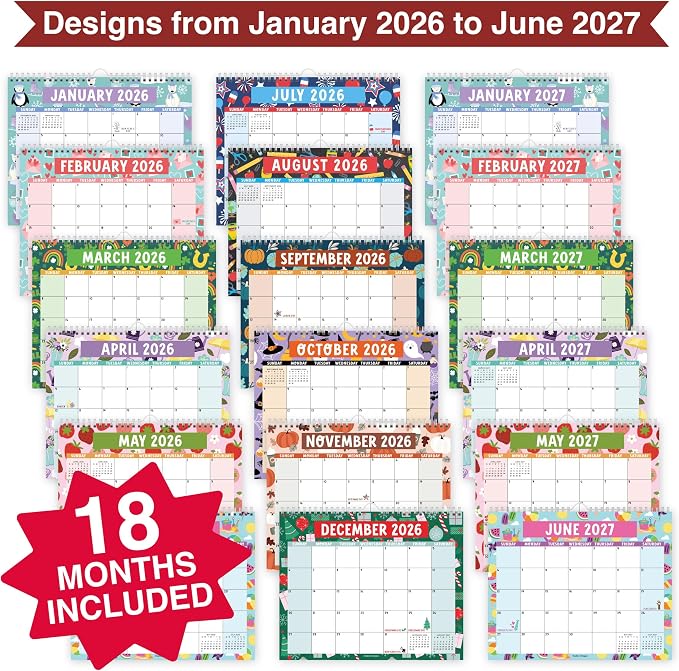 2026 Calendar Wall - 2026 Wall Calendar Large, 18-Month Hanging Calendars for School, Home & Office, Academic Monthly Calendar from January 2026 to June 2027, Back to School Teacher Gifts
