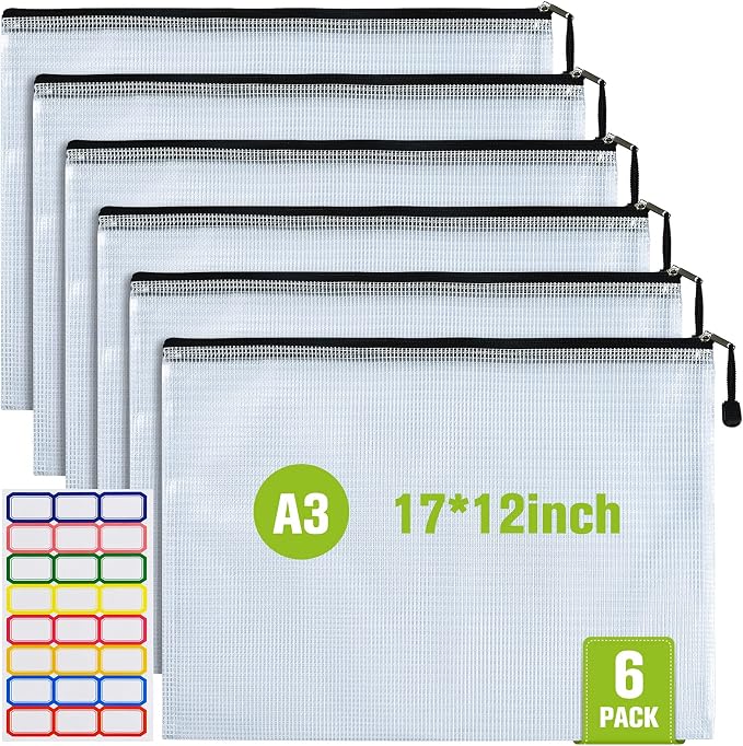 A3 Mesh Zipper Pouch Bag, 6PCS Waterproof Plastic Mesh Zipper Bag, Black | 17×12 Inch Tear-Resistant Document Pouch, Extra Large Zip File Bags, for School Classroom Office Supplies Home Travel Storage