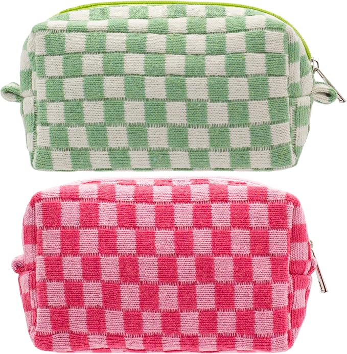 Checkered Makeup Bag for Purse, Small Cosmetic Pouch,Green Hotpink,2 Pack | Cute Zipper Makeup Organizer for Women, Travel Essentials, Toiletries, Makeup Brushes, Beauty Accessories&Bridesmaid Gifts