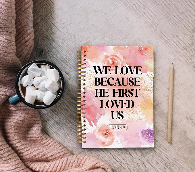 Ecezatik Watercolor Floral Christian Notebook Journal, We Love Because He First Loved Us Bible Verse Notebook for Note Taking, Religious Scripture Spiral Journal 5.5x8.3 Inch