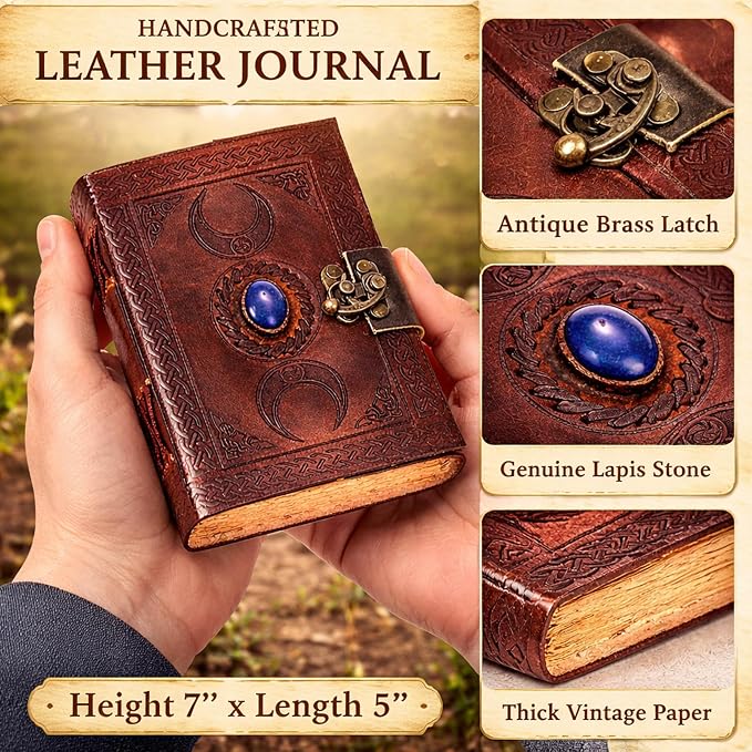 cuero 3 Moon Blue Lapis Embossed Vintage Leather Journal for Men & Women - 128 Pages, Antique Handmade Deckle Edge Vintage Paper, Leather Journal Writing Notebook Dairy Gift (5 inch by 7 inch, Brown)