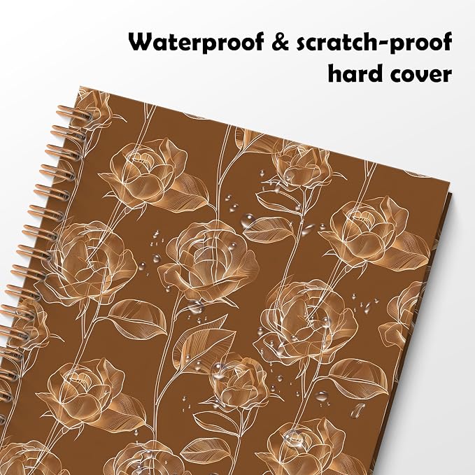 Dark Brown Rose Floral Spiral Notebook, Modern Abstract Botanical Journal, Neoclassical Luxury Minimalist Flower Hardcover Notebook Journal, 5.5x8.3 Inch