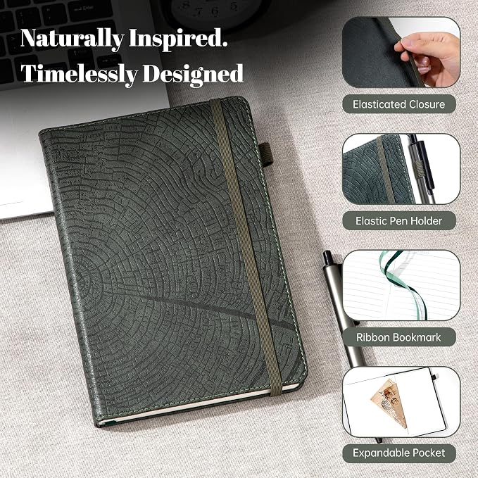 CAGIE Lined Journal for Men Women, Tree Growth Ring Leather Bound Journal Notebook, 256 Pages 100 GSM Paper Journals for Writing, A5 Hardcover Journaling Notebooks,2 Pack (Brown & Dark Green)