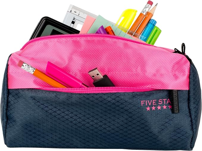 Five Star Pencil Pouch, Pen Case, 9-Pocket Zipper Pouch, Storage Organizer for School Supplies Earbuds Chargers Cables Makeup, Navy/Pink (505600B-ECM) (Pack of 12)