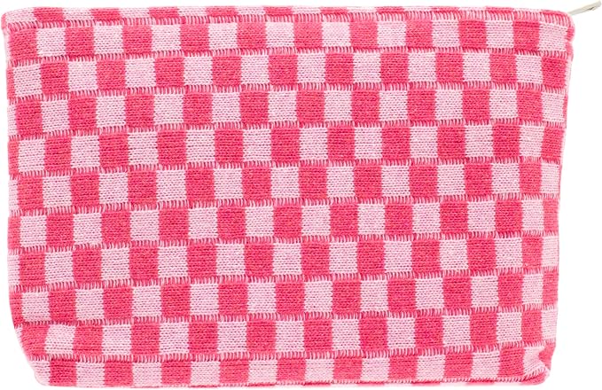 PAZIMIIK Checkered Makeup Bag for Purse, Small Flat Cosmetic Pouch,Hotpink | Cute Zipper Makeup Organizer for Women, Travel Essentials, Toiletries, Makeup Brushes, Beauty Accessories&Bridesmaid Gifts