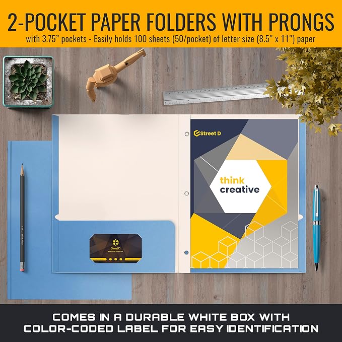 Better Office Products Light Blue Paper 2 Pocket Folders with Prongs, 50 Pack, Matte Texture, Letter Size Paper Folders, 50 Pack, with 3 Metal Prong Fastener Clips, Light Blue