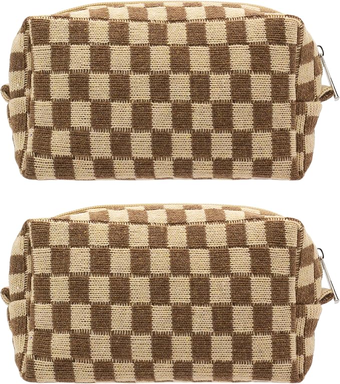 Checkered Makeup Bag for Purse, Small Travel Cosmetic Pouch,Coffee,2 Pack | Cute Zipper Makeup Organizer for Women, Travel Essentials, Toiletries, Makeup Brushes, Beauty Accessories&Bridesmaid Gifts