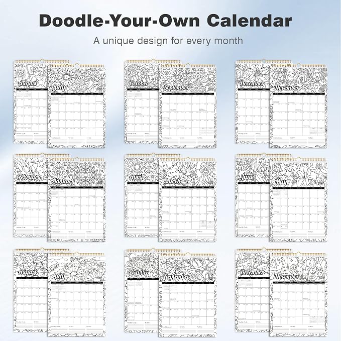 Ospelelf 2026 Coloring Wall Calendar 12'' x 17'' Family Doodle Calendar, 18 Months Desk Calendar Planner with Plastic Cover, Use July 2026 - Dec 2027, Floral