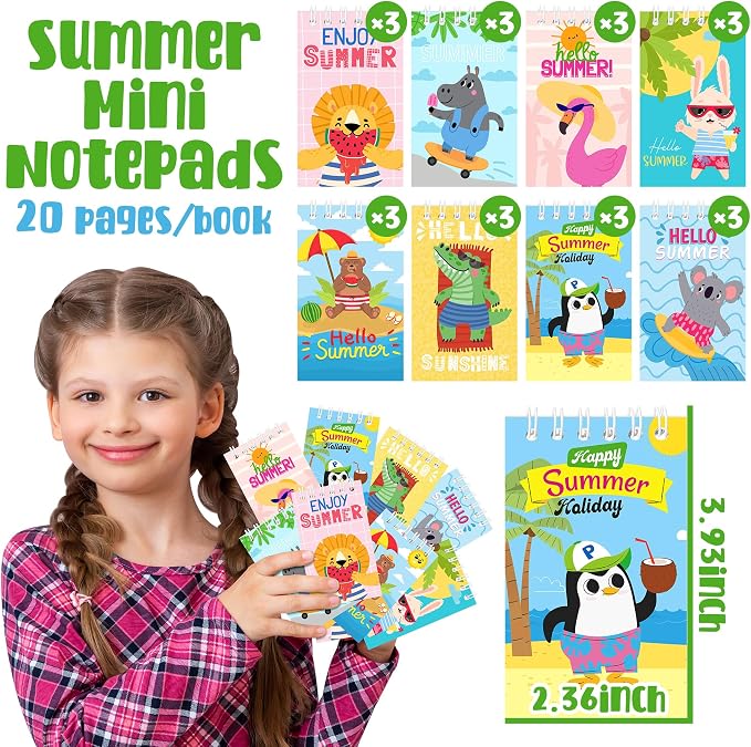 24Packs Hello Summer Mini Notepads Cute Cartoon Animal Spiral Notebooks Pocket Journal Memo Pads for Hawaii Beach Themed Birthday Gifts Goodie Bag Stuffers Office School Classroom Rewards