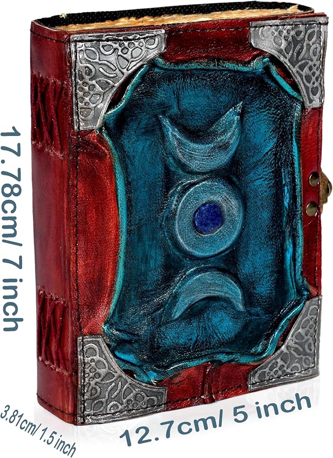 3 Moon Blue Lapis Embossed Vintage Leather Journal | 240 Pages of Antique Handmade Deckle Edge Vintage Paper, Leather Sketchbook, Embossed Drawing Journal (5x7 inch, Teal Blue)