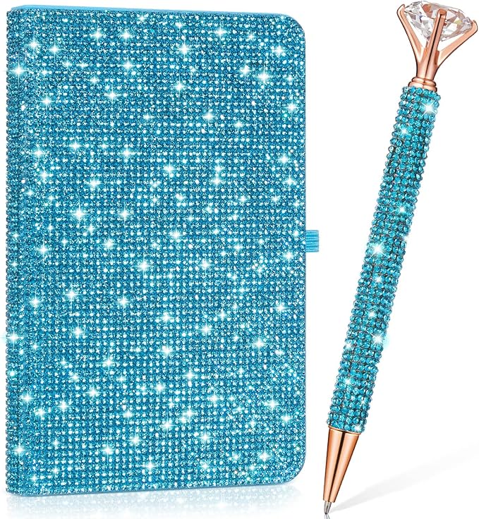 Resholder Rhinestone Pen & Glitter Notebook Set, Hard Cover Bling Diary Journal for Girls, Cute School Supplies for Back to School, Sparkly Desk Accessories Gift for Women(Rhinestone,A6,Blue)