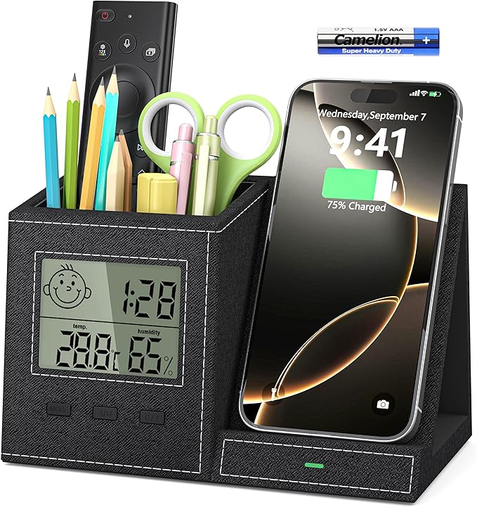 Desk Organizer with Wireless Charger, Digital Clock, Thermometer & Hygrometer - Multi-Functional Pencil Holder, Office Desk Accessories Storage Caddy for Home, Office, Men, Women (Battery Included)