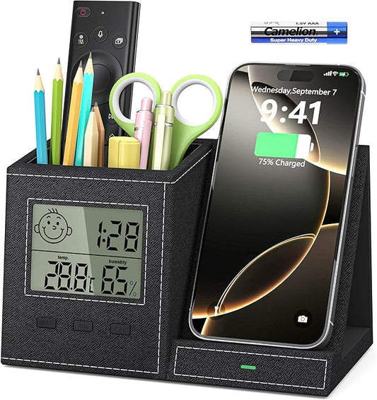 Desk Organizer with Wireless Charger, Digital Clock, Thermometer & Hygrometer - Multi-Functional Pencil Holder, Office Desk Accessories Storage Caddy for Home, Office, Men, Women (Battery Included)