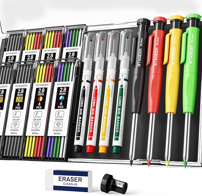 STAGEEK 4PCS Mechanical Carpenter Pencil Set, Deep Hole, Woodworking | 52 Refills, 4PCS Long Nib Marker Pens, Built-in Sharpener, Storage Case for Architect Heavy Duty Construction Marking