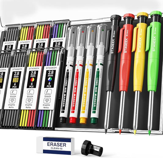 STAGEEK 4PCS Mechanical Carpenter Pencil Set, Deep Hole, Woodworking | 52 Refills, 4PCS Long Nib Marker Pens, Built-in Sharpener, Storage Case for Architect Heavy Duty Construction Marking