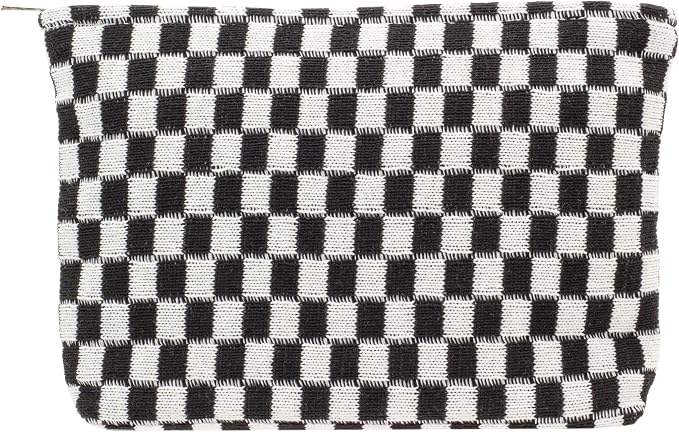 PAZIMIIK Checkered Makeup Bag for Purse, Small Flat Cosmetic Pouch,Black | Cute Zipper Makeup Organizer for Women, Travel Essentials, Toiletries, Makeup Brushes, Beauty Accessories&Bridesmaid Gifts