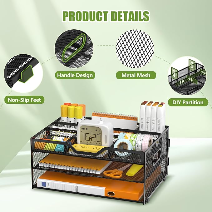 3 Tier Metal Desk Organizer with Magazine File Holder, Black | Space saving workspace desk file trays. Includes pencil holder and portable handles. Ideal for school and office supplies