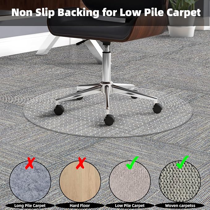 Office Chair Mat Carpet Protector: 36" x 36" Plastic Heavy Duty Computer Desk Mats with Lip for Low Flat and No Pile Carpeted Floor - Clear Rug Pad for Rolling Chairs Office Work Home Gaming Round