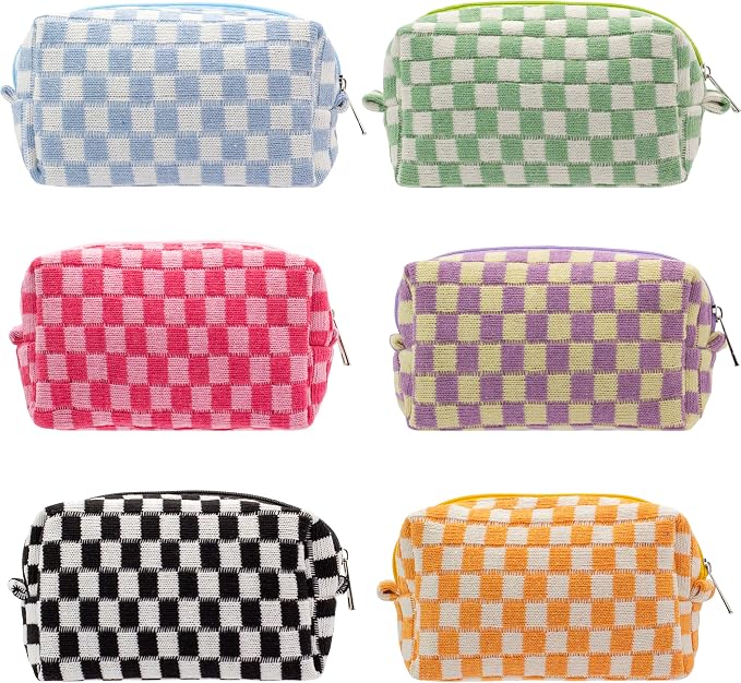 Checkered Makeup Bag for Purse, Small Travel Cosmetic Pouch,Colorful,6 Pack | Cute Zipper Makeup Organizer for Women, Travel Essentials, Toiletries, Makeup Brushes, Beauty Accessories&Bridesmaid Gifts