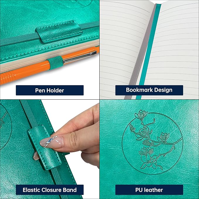 Notebook Journal for Women Men,256 Pages A5 Hardcover Leather Journaling Notebooks for Work,lined journal/notebook with 100Gsm Paper,Pen Holder and inner pocket 5.8"×8.4"(Turquoise)