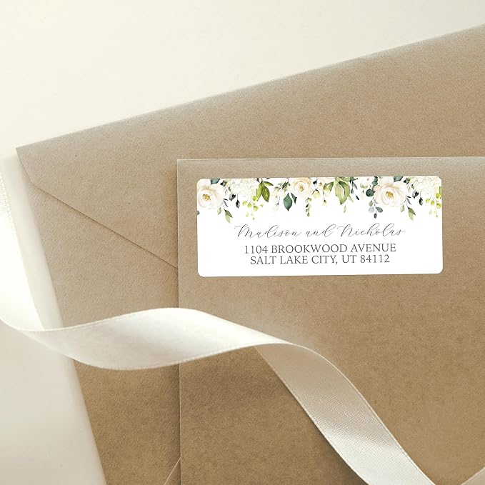 Return Address Labels Personalized with Your Choice of 30 Flower Styles - Choose Font and Font Color or Add Custom Text - Perfect for Wedding Envelopes (010 White Flowers)
