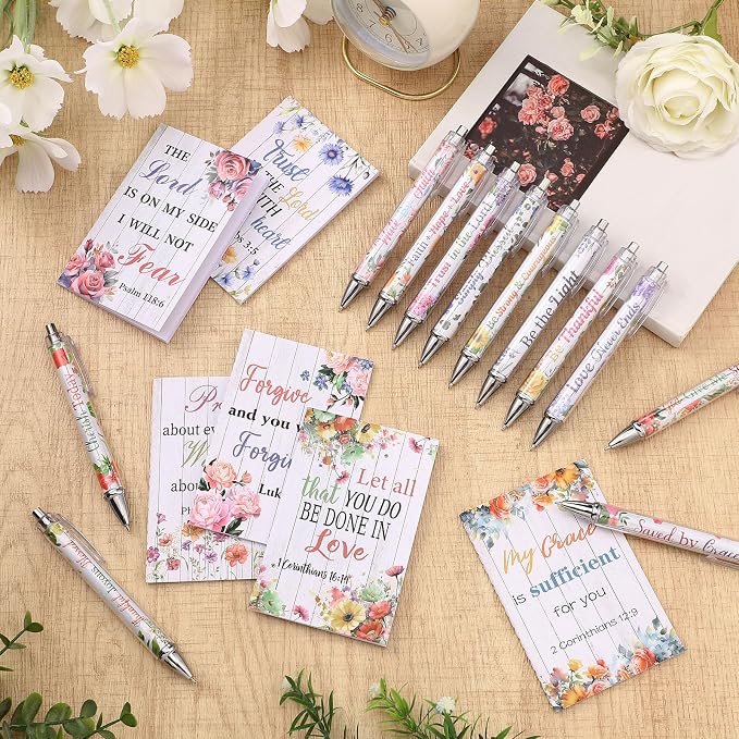 Colarr 12 Sets Christian Bulk Gifts for Women Bible Verse Pens Notebooks Religious VBS Scripture Ballpoint Pens Bookmarks Journal for Easter Sunday School Church Inspirational Supply(Novel Flower)